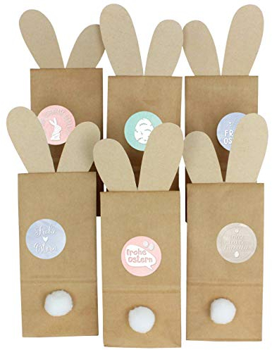 Papierdrachen 12 dekorative Osternester zum Befüllen - Kraftpapiertüten mit Hasenohren zum Ausschneiden - Oster Dekoration Tischdeko inkl. Aufkleber und Hasenpuschel - Motiv Pastell