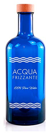 BrandPrint Bottiglia in Vetro Blu per Acqua Modello Iside 750 ml Serigrafata Frizzante con Tappo a Vite in Alluminio Rivestito In Legno. Bottiglia Plastic Free, Bottiglia per Ristoranti.