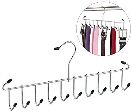 Relaxdays 10 x Gürtelhalter, Krawattenhalter aus Metall, platzsparend, je 12 Haken, Krawatten & Gürtel, Kleiderschrank, Silber