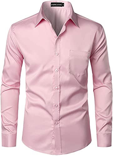 PARKLEES Chemise boutonnée élégante à coupe ajustée, manches longues et poche, style urbain, décontracté ou affaires, pour hommes, rose, S