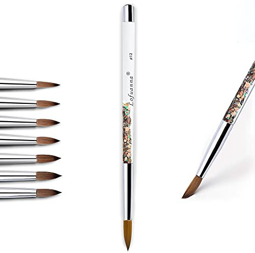 Lofuanna Pinceau à Ongles en pour Poudre Acrylique,Pinceau Rond en acrylique Kolinsky Sable pour Outil de Manucure Pédicure,Pinceau en Acrylique Avec Manche à Paillettes Liquides en or Rose(12)