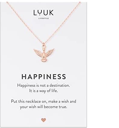 LUUK LIFESTYLE Halskette aus Edelstahl mit Anhänger und HAPPINESS Spruchkarte, Freundschaftskette, Geschenk zum Geburtstag, Damenschmuck, Silber, Gold, Rosé
