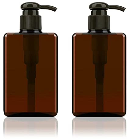 Alledomain 2PCS 280ml / 9.8oz Pump Dispenser Bottle Empty Refillable Plastic Lotion Pump Bottles, Shampoo Body Wash Shower Square Storage Holder Container Toiletries Liquid Dispenser (Brown)