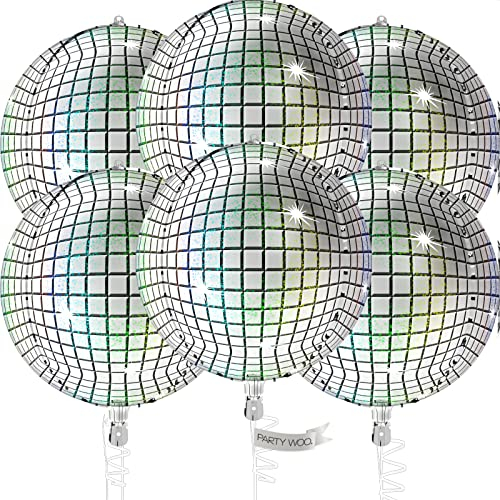 PartyWoo Luftballons Silber, 6 Stück Disco Folienballons Silber, 22 Zoll Riesige 4D Folienballons und Band, Luftballons Groß, Folienballons für Geburtstagsdeko, Hochzeitsdeko, Partydeko