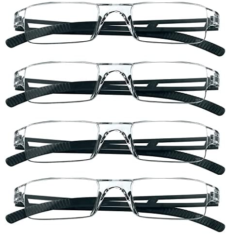 MMOWW 4er Pack randlose Lesebrille für Damen und Herren mit klarer rechteckigem Blaulicht-Blockierbrille (4 Schwarz, 1,0)