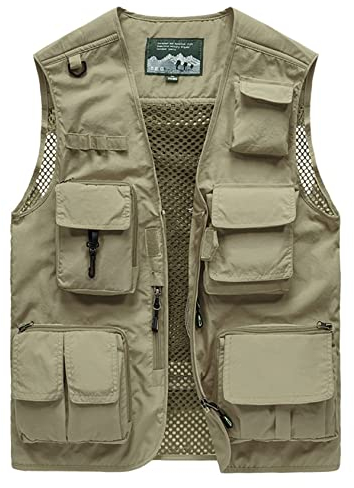 Sukany Men's Leisure Outdoor Work Safari Fishing Travel Cargo Vest Jacket Photo Mesh Waistcoat Multi Pockets Khaki M