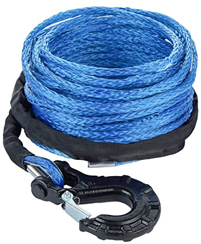 Carforu Corde de treuil synthétique de 1,6 cm x 15,2 m, 5 896,7 kg – Câble synthétique avec manchon de protection + crochet de treuil forgé pour véhicule tout-terrain, VTT, UTV, VUS, camion, bateau,