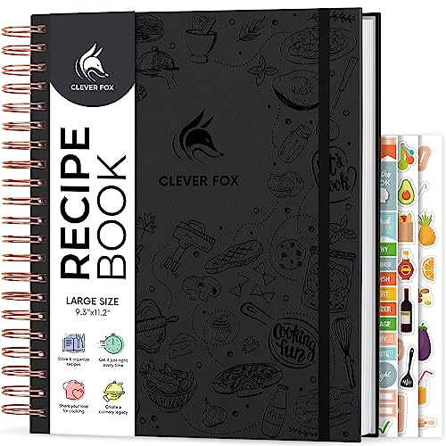 Clever Fox Recipe Book, Blank Spiral Cookbook Journal, Large Black | 21 x 28cm empty recipe book to write in your own recipes, eco-leather hardcover, 120 gsm paper, stickers, cooking & baking