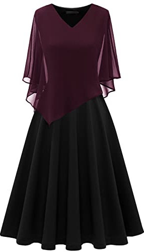 DRESSTELLS Damen Plus Größe Abendkleid Chiffon Cape Elegant Cocktailkleid Hochzeit V-Ausschnitt Knielang A-Linie Sommer Kleid Burgundy Black 3XL