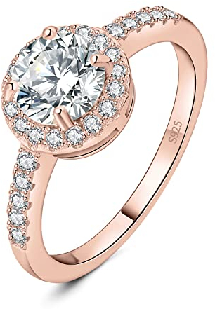 JewelryPalace Klassisch Rundschliff 1ct Zirkonia Halo Promise Ring Damen, Schmuck Set, Verlobungsring Damenring Silber 925 mit Stein für Frauen, Simulierte Diamant Jubiläum Eheringe Rosegold 54