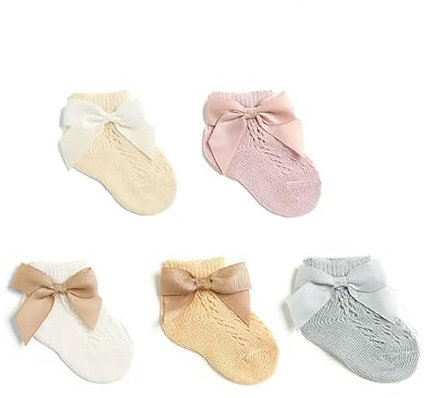 KorrbO 5 Paia di Calze Corti con Fiocco per Neonata Calzini Estivi Cotone Leggero Bambina Calzini Eleganti a Rete Bimba Compleano Principessa, M, 0-12 Mesi