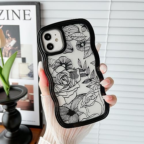 XIZYO Clear Rose Case for iPhone 11 6.1 Inch, Cute Flower Floral Pattern Curly Wave Frame Aesthetic Phone Case, Transparent Soft TPU Luxury Slim Shockproof Protective Cover, Black