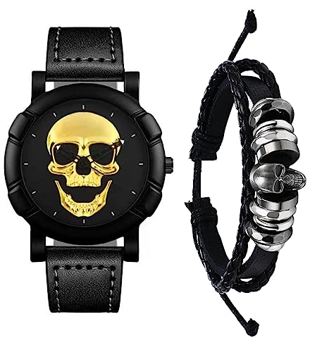 JewelryWe Totenkopf Herrenuhr Lederarmband Halloween Set - 2 Stück Gold Schädel Analog Quarz Armbanduhr Steampunk Totenkopf Schwarz Geflochten Leder Armband Uhr Armreif Schmuckset für Herren Männer