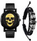 JewelryWe Totenkopf Herrenuhr Lederarmband Halloween Set - 2 Stück Gold Schädel Analog Quarz Armbanduhr Steampunk Totenkopf Schwarz Geflochten Leder Armband Uhr Armreif Schmuckset für Herren Männer