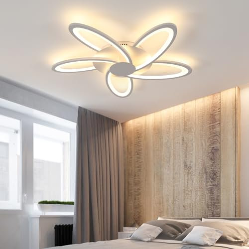 LED-Deckenleuchte, 70 cm, 60 W, 6700 lm, Weiß, Deckenleuchte, Wohnzimmer, mit 5 Lampen, warmes Licht, 3000 K, moderne Deckenleuchte, in Blumenform, für Schlafzimmer, Esszimmer, Büro