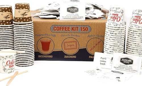 AURACAFFE' kit accessori caffe con 150 Bicchierini Caffè Di Carta Biodegradabili 75ml con Grafica Biocompostabili - 150 Palettine e 150 Bustine Di Zucchero. Made In Italy