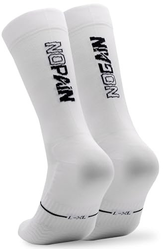 Fahrradsocken, Lange Radsocken, Triathlon, Laufen, Atmungsfähig, Gepolstert, Sportsocken für Radfahren für Herren und Frauen (DE/NL/SE/PL, Alphanumerisch, S, M, Regular, Regular, NO PAIN NO GAIN Weiß)