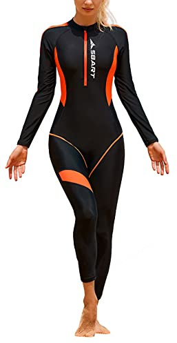 Women’s Full Body Swimsuit Stretch Long Sleeve Dive Skin Rash Guard One Piece Front Zipper Swimming Bodysuit Sun UV Protection Wetsuit Swimwear for Summer Autumn Spring Orange M