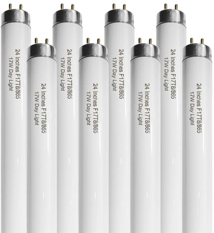 Konideke 24 Inch F17T8/865 Fluorescent Bulb Daylight 6500K, 17 Watt T8 Light Bulb, 2 Foot Fluorescent Light Bulb, 1460 lumens, G13 Medium Bi-Pin Cap 8 Pack