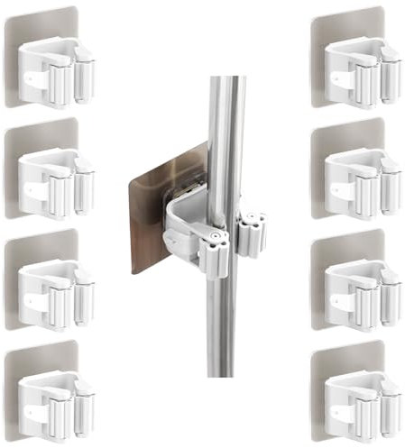 Littlegaofeithing - Juego de 8 ganchos para escoba de pared, sin taladrar, para cuarto de baño, cocina, oficina, armario, jardín, garaje, color blanco