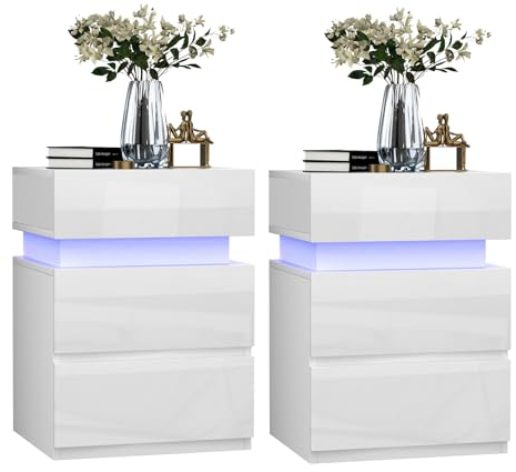 PIPIPOXER Nachttisch 2er Set Mit LED, Weiß Hochglanz Mit 3 Schubladen, Einstellbare 16 Farben, Beistelltisch Für Schlafzimmer Wohnzimmer, Modern, 35x40x55cm