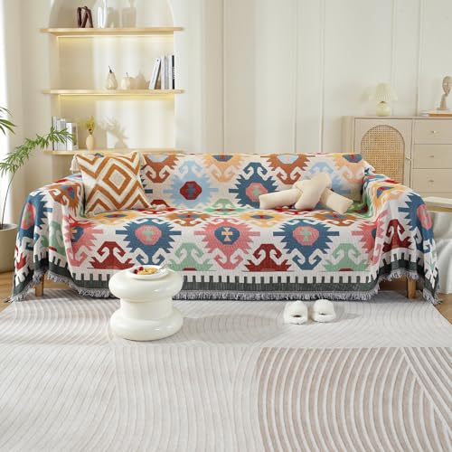 VanderHOME Copridivano Artistico Reversibile, Plaid di cotone per divano, Trapunta Multiuso, Coperta Foulard, Copriletto, Telo Copridivano 180 * 130cm-Geometria leggera