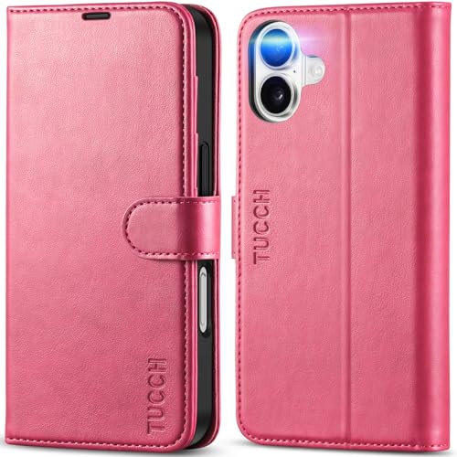 TUCCH Case for iPhone 16 (6.1) 2024, Magnetic PU Leather Wallet Foldable Case with [Viewing Stand] Flip Cover[Shockproof TPU][RFID Blocking][Credit Card Holders] Compatible with iPhone 16, Hot Pink