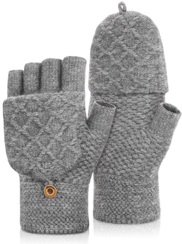 MELLIEX Fingerlose Handschuhemit mit Flip-Top, Strick Halb Fingerhandschuhe, Winter Thermohandschuhe für Damen und Herren,Grau