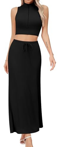 Missufe Damen 2 Teiler Outfits Sommer Ärmelloses Crop Top und Langer Maxirock Strick Reißverschluss Set Zweiteiliger Anzug (Schwarz, Large)