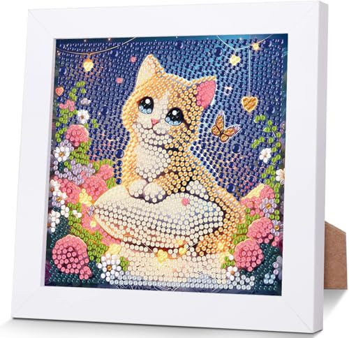 Luckyarina Diamond Painting Katze Mit Rahmen - Diamant Painting Bilder für Kinder 8-11 Jahre, Mosaik Bastelset für Haus Dekoration 18x18 CM