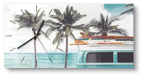 DEQORI Glasuhr | vertikal 60x30 cm | Motiv Vintage Strandtag | große XXL Design Uhr aus Glas | leise Wanduhr für Wohnzimmer & Küche | Moderne Hingucker Uhr für die Wand