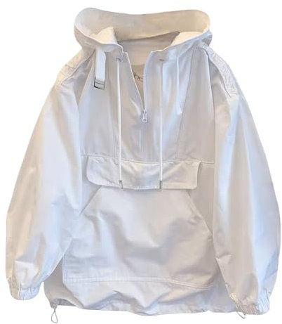 SHINROAD Trench de printemps pour homme à capuche coupe-vent avec demi-fermeture éclair poche kangourou à manches longues pour l'automne, blanc, XL