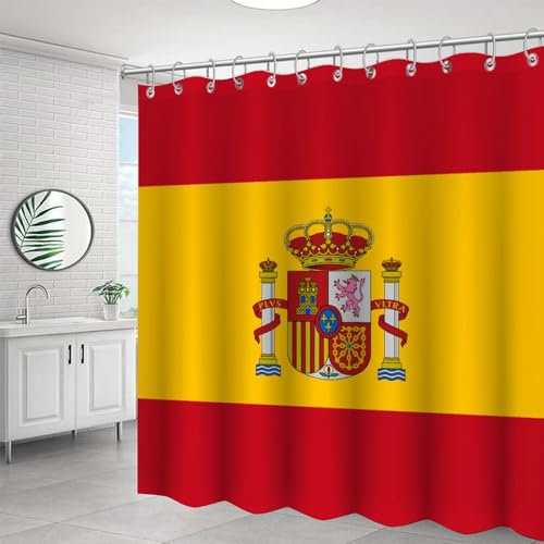 Yelolyio Cortina de ducha de la bandera nacional de España con 12 ganchos, cortina de ducha impermeable resistente a las arrugas para baño, bañeras, poliéster, 72 x 72 pulgadas