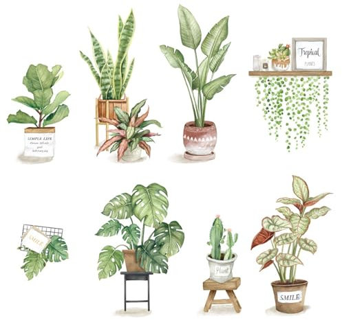 8 Piezas Pegatinas de Pared Planta Tropicales, Creativas de la pared Plantas Verdes Delicados, Extraíbles Impermeables Pegatinas de Pared Planta Tropicales, para Dormitorio, Comedor, Estudio, Tienda