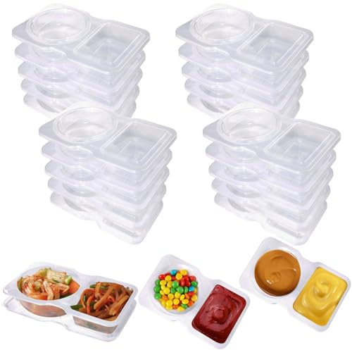 Surflyee 20PCS Double Compartment Condiment Containers, Reusable Snack Pack Containers, Snack and Dip Containers, Mini Plastic Pots with Lids for Sauce Snack, Microwave and Fridge Safe