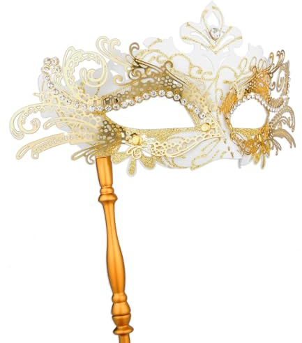 Hoshin Maskenmaske mit Stock, Mardi Gras Deecorations Venezianische Masken für Damen（Weiß mit goldenen Linien）