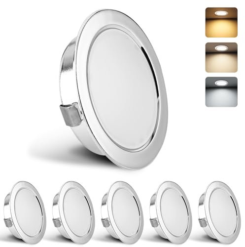 YindaLux 6er Set LED Einbaustrahler 230V 3W 3000K Warmweiß 4000K Neutralweiß 6000K Kaltweiß, LED Spot Ultra Flach 300LM Bohrloch 55-58mm und 15mm Flache, IP44 Möbeleinbauleuchte Einbauspots, Chrom