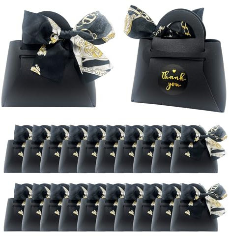 DUGYIRS 20 Stück PU-Leder Geschenktaschen mit Satinband,Wiederverwendbare Geschenkboxen für Hochzeiten,Geburtstag,Baby Showers,Süßigkeiten(Schwarz)