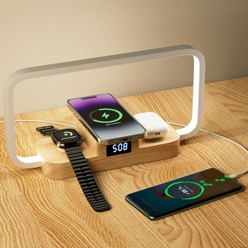 Hottoerak Bedside Lamp with Wireless Charger, Night Light with USB Port, 5 Color Modes & Stepless Dimming & Time Display Touch Lamps Bedside Light for Bedroom(Yellow)