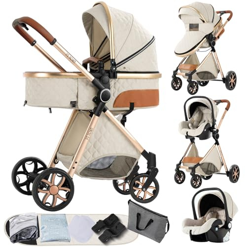 3 in 1 Kinderwagen,kinderwagen set,verstellbarem Verdeck und Aluminiumrahmen(Weib)