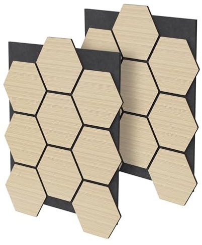 ML-Design 2er Set Akustikpaneele 66x81x2cm für 1m² – Eiche, MDF Akustikplatten in Hexagon-Holzoptik, Wandpaneele zur Schalldämmung, Wandverkleidung für Büro, Studio, Schallschutz & Akustikbehandlung