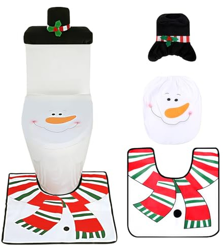 JoyinTcos Snowman Toilet Seat Cover and Rug Set, Snowman Decorations Happy Santa Toilet Seat Cover and Rug Bathroom Set Decorations Bathroom