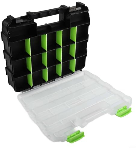 Double Side Tool Storage Box with 34 Removable Compartments, Clear Cover for Screws, Nuts, Bolts and Parts, Portable Organizer for Home, Garage, Workshop