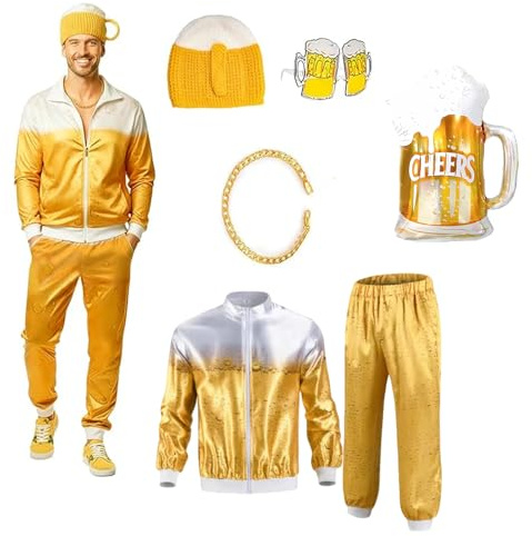 SSKHE - Disfraz de año 80 90 para hombre, mujer, traje de cerveza, discoteca, retro, chaqueta, pantalones, gafas, collar, globo, sombrero, para festival cerveza, carnaval, Halloween, fiesta
