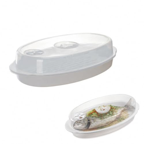 SUPVOX Microwave Fish Steamer with Lid Microwave Fish Poacher and Steamer Plate for Vegetables and Buns Ventilated Steaming Tray for Oven Kitchen Gadget 12.87 X 7.32 X 3.74In