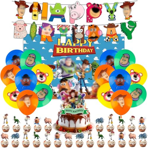 43PCS Toy Birthday Decorations, Story Balloons Cake Toppers with Happy Birthday Banner, Party Decorations