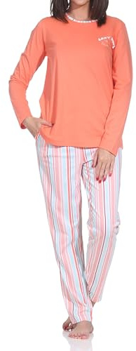 Normann Damen Schlafanzug Langarm Pyjama in edler Streifenoptik - auch in Übergrößen, Farbe:orange, Größe:48/50