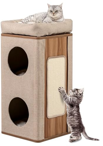 COSTWAY 3-stöckige Kratztonne Katzentonne, Kratzbaum mit Kratzbrett & 3 Matten, Spieltonne für Katzen bis 20 kg, Katzenkratzbaum mit Katzenhöhlen, Katzenturm Katzenhaus Katzenmöbel (Beige+Natur)