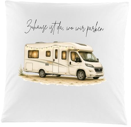 AURIMELLYS Personalisierter Kissenbezug Camping – Wohnwagen I Wohnmobil I Van mit Familienname – Geschenk für Camper & Wohnwagen Fans – Dekokissen Camper Vanlife (Wohnmobil 04)