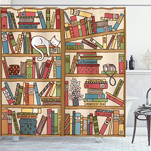 ABAKUHAUS Katze Duschvorhang, Nerd Bohem Katzen-Kätzchen, Stoffliches Gewebe Badezimmerdekorationsset mit Haken, 175 x 200 cm, Pfirsich Mehrfarbig
